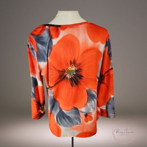 Daniel Benjamin XL – Bold Floral Top w/ Sparkle Accents – Red & Gray 3/4 Sleeve - Picture 2 of 6
